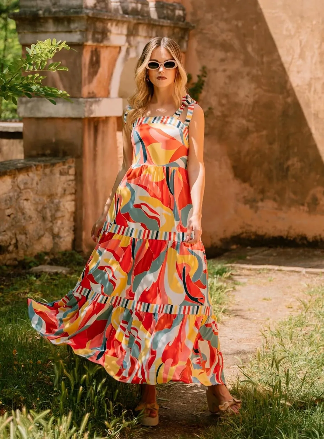 AlvaQ Women's 2025 Summer Sleeveless Floral Print Maxi Dress Strap Square Neck Beach Sun Dress
