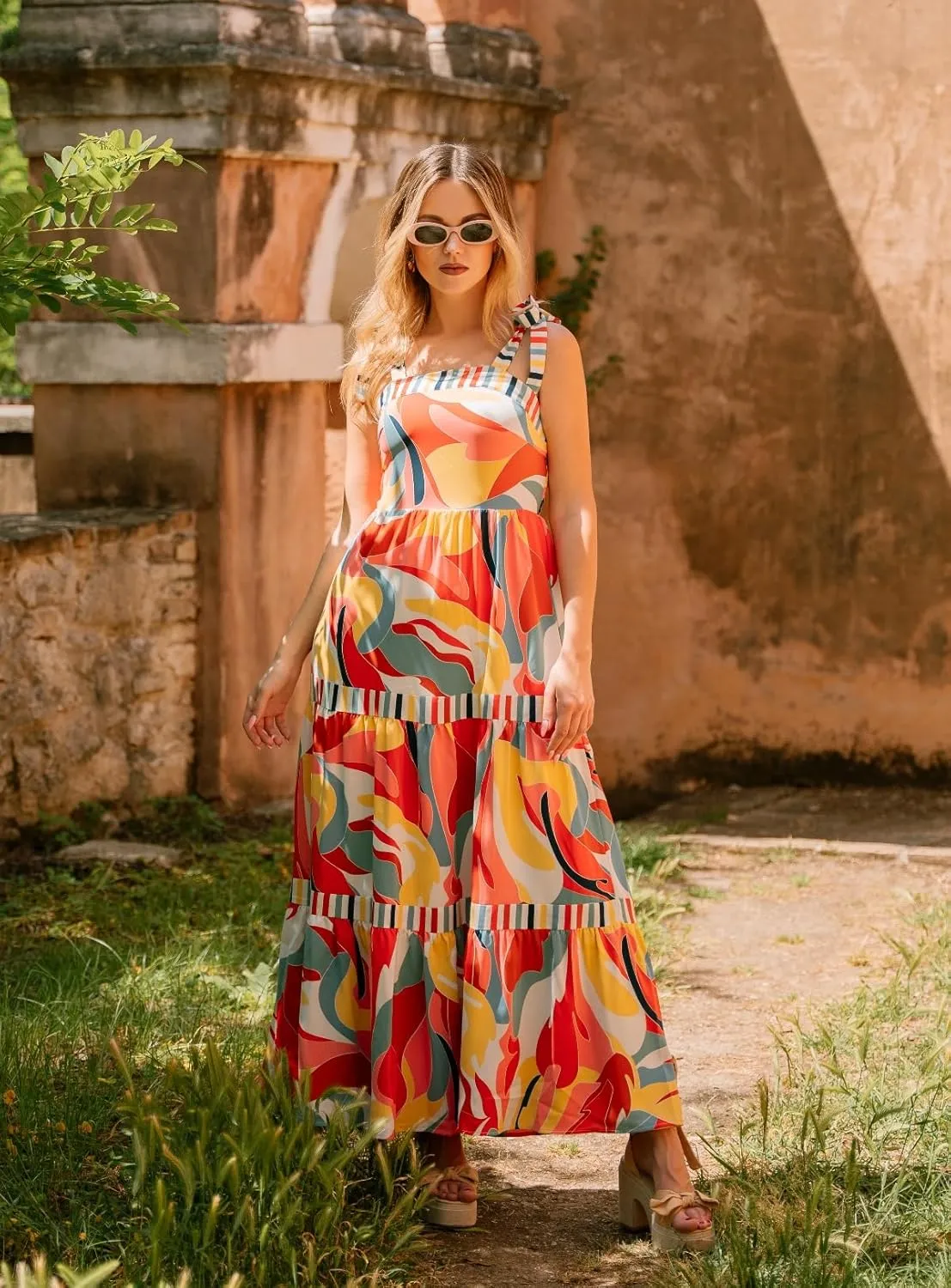 AlvaQ Women's 2025 Summer Sleeveless Floral Print Maxi Dress Strap Square Neck Beach Sun Dress