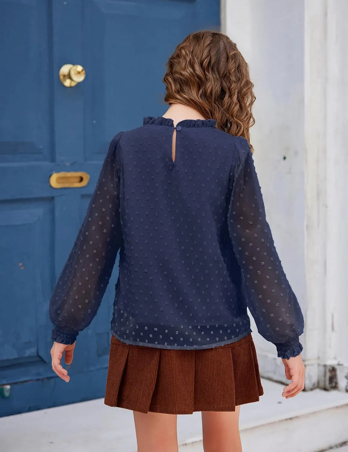 Arshiner Girls Long Sleeve Shirts Chiffon Blouses Swiss Dot Frill Neck Casual Loose Cute Top Tee