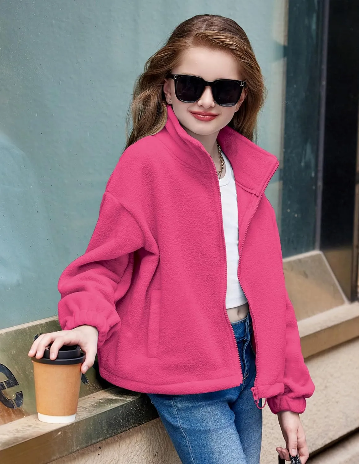 Arshiner Girls Zip Up Fleece Jacket Fall Winter Sherpa Sweatshirts Warm Outwear Crop Coat with Pockets
