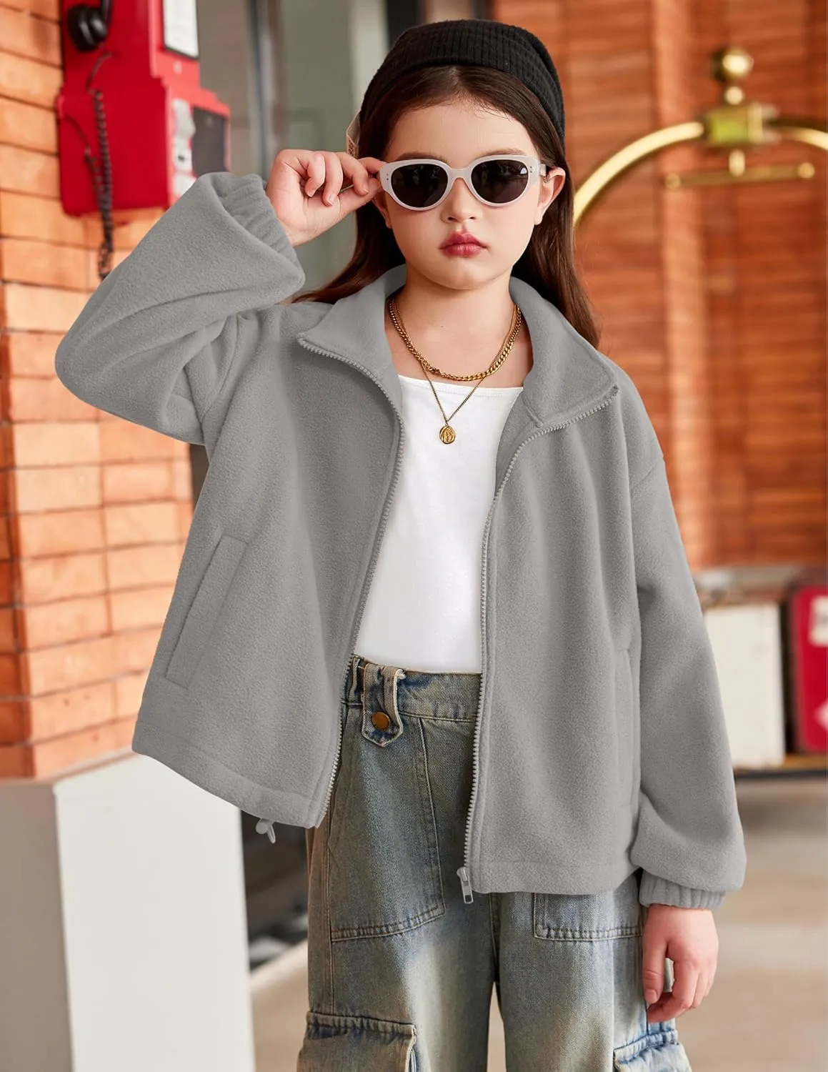 Arshiner Girls Zip Up Fleece Jacket Fall Winter Sherpa Sweatshirts Warm Outwear Crop Coat with Pockets