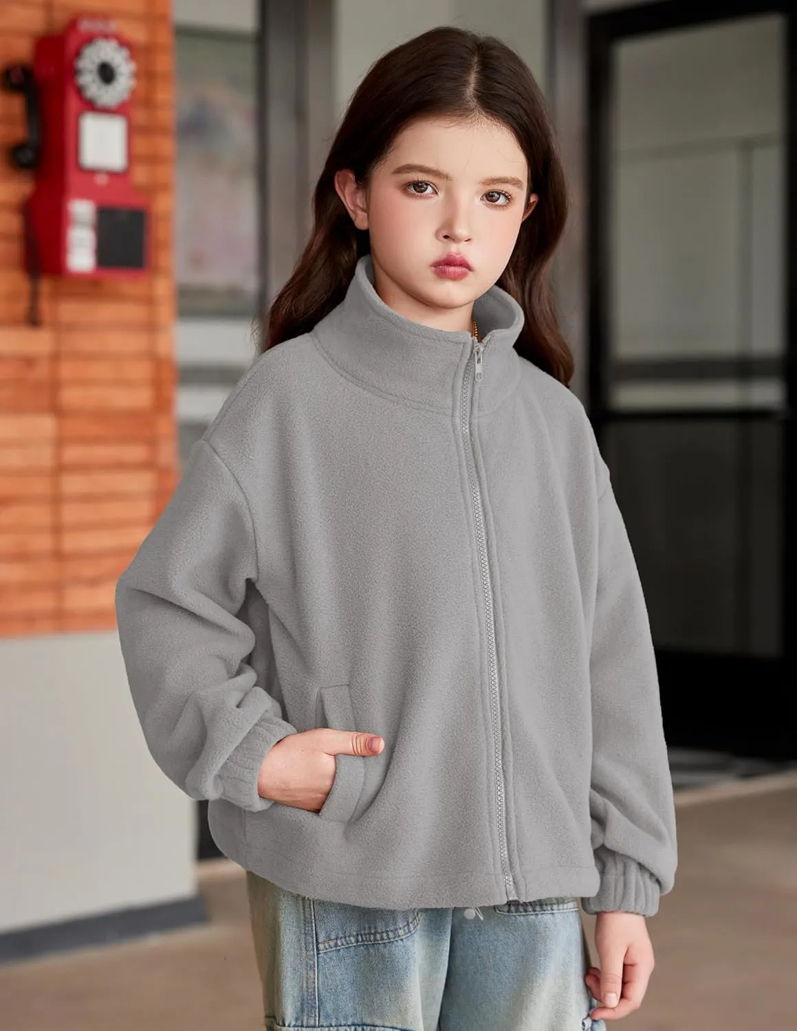 Arshiner Girls Zip Up Fleece Jacket Fall Winter Sherpa Sweatshirts Warm Outwear Crop Coat with Pockets