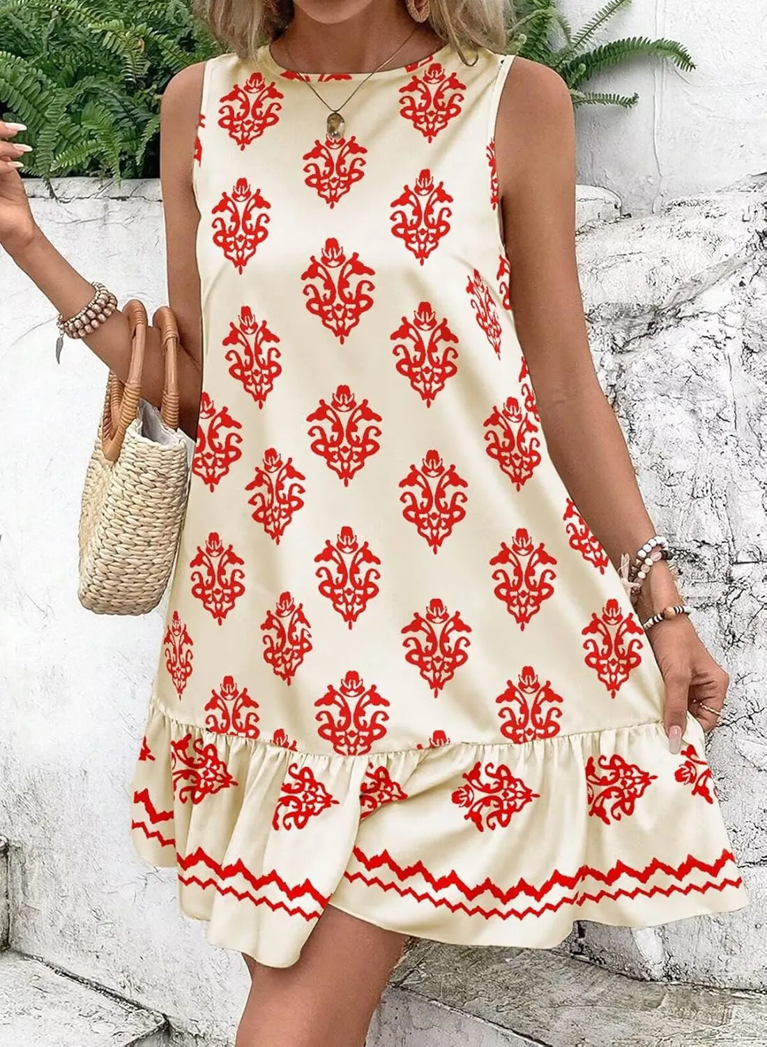 BLENCOT Womens Floral Dress Sleeveless Ruffle Mini Summer Casual Dresses