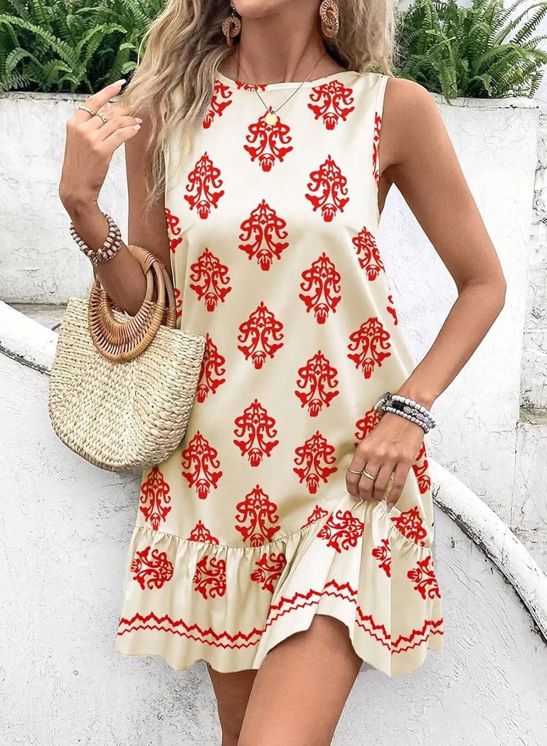 BLENCOT Womens Floral Dress Sleeveless Ruffle Mini Summer Casual Dresses
