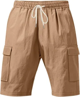 Cargo Shorts for Men Summer Casual Elastic Waist Knee Length Lightweight Beemuda Beach Linen Shorts Multi Pockets