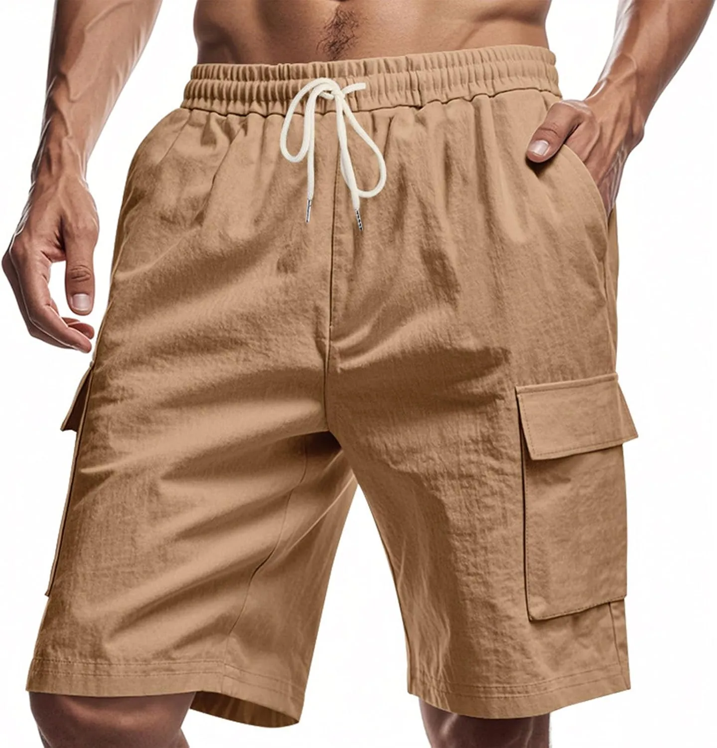 Cargo Shorts for Men Summer Casual Elastic Waist Knee Length Lightweight Beemuda Beach Linen Shorts Multi Pockets
