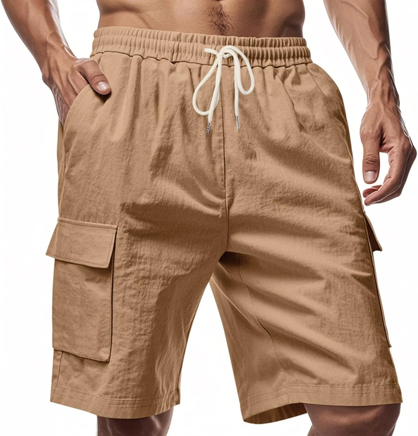 Cargo Shorts for Men Summer Casual Elastic Waist Knee Length Lightweight Beemuda Beach Linen Shorts Multi Pockets