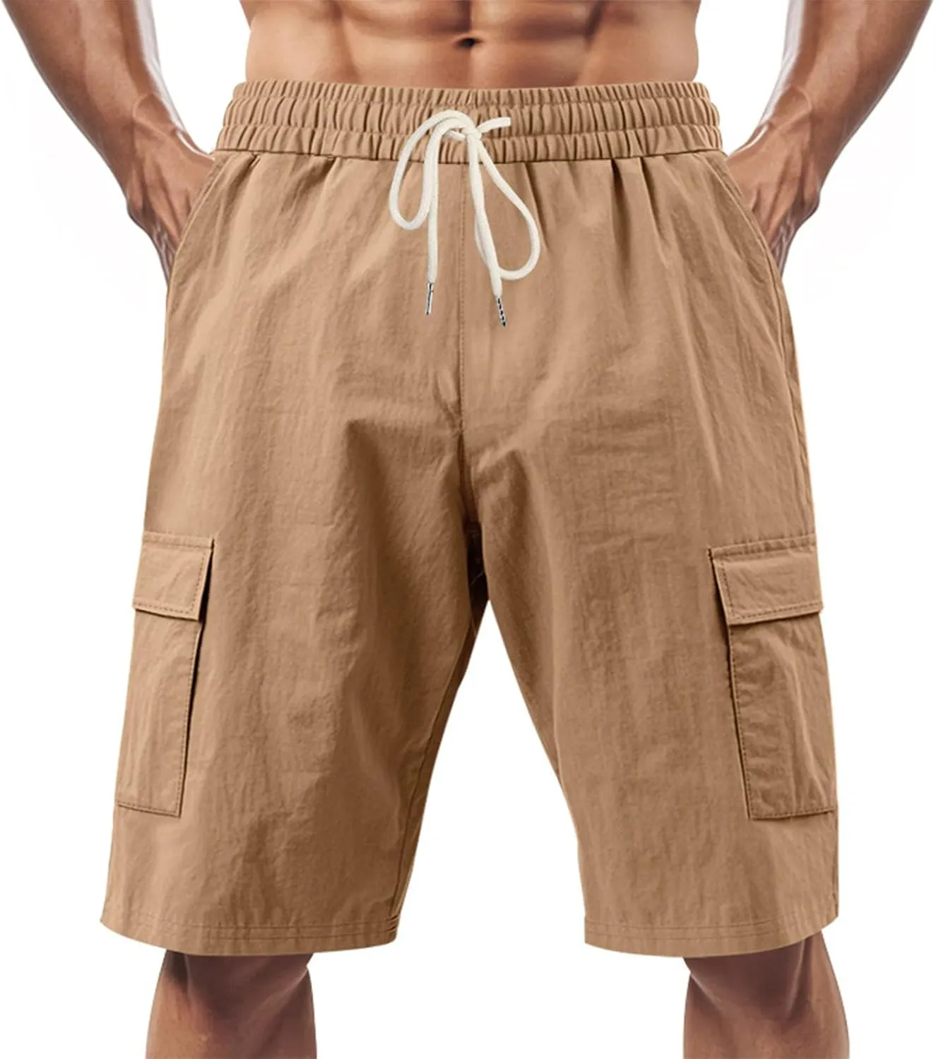 Cargo Shorts for Men Summer Casual Elastic Waist Knee Length Lightweight Beemuda Beach Linen Shorts Multi Pockets
