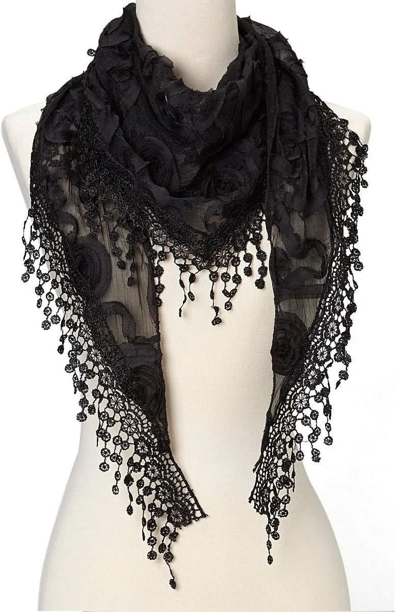Cindy & Wendy Lightweight Triangle Floral Fashion Lace Fringe Scarf Wrap for Women