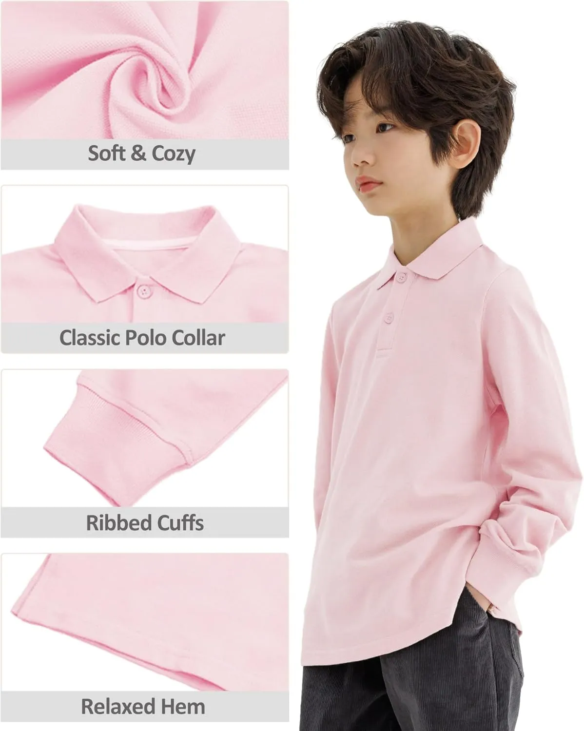 CUNYI Boys Polo Shirt Long Sleeve Cotton School Uniform Shirt Pique Tee Kids Golf Tops