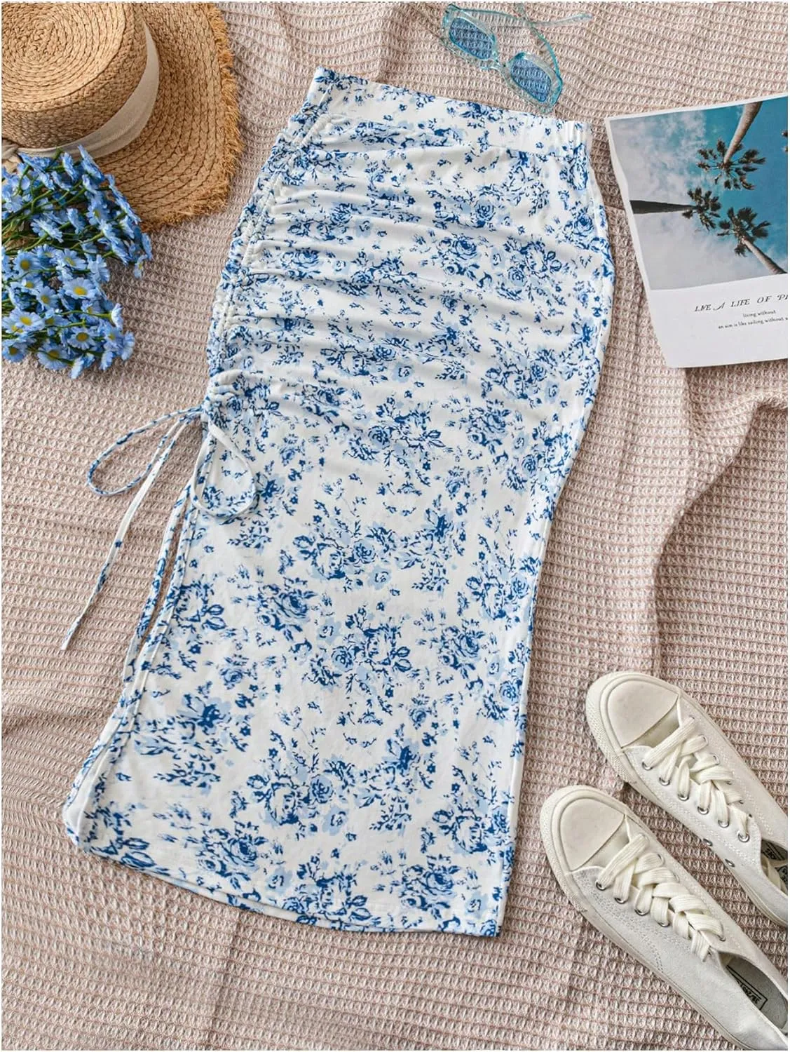 Floerns Women's Floral Split Drawstring Pencil Skirt Ruched Vacation Bodycon Midi Skirts