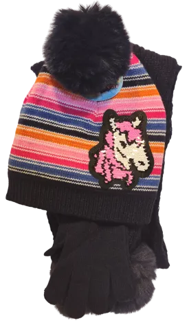 Girl's 3 Piece Unicorn Stripe Hat, Glove & Scarf Set - Assorted Colors, Youth Size