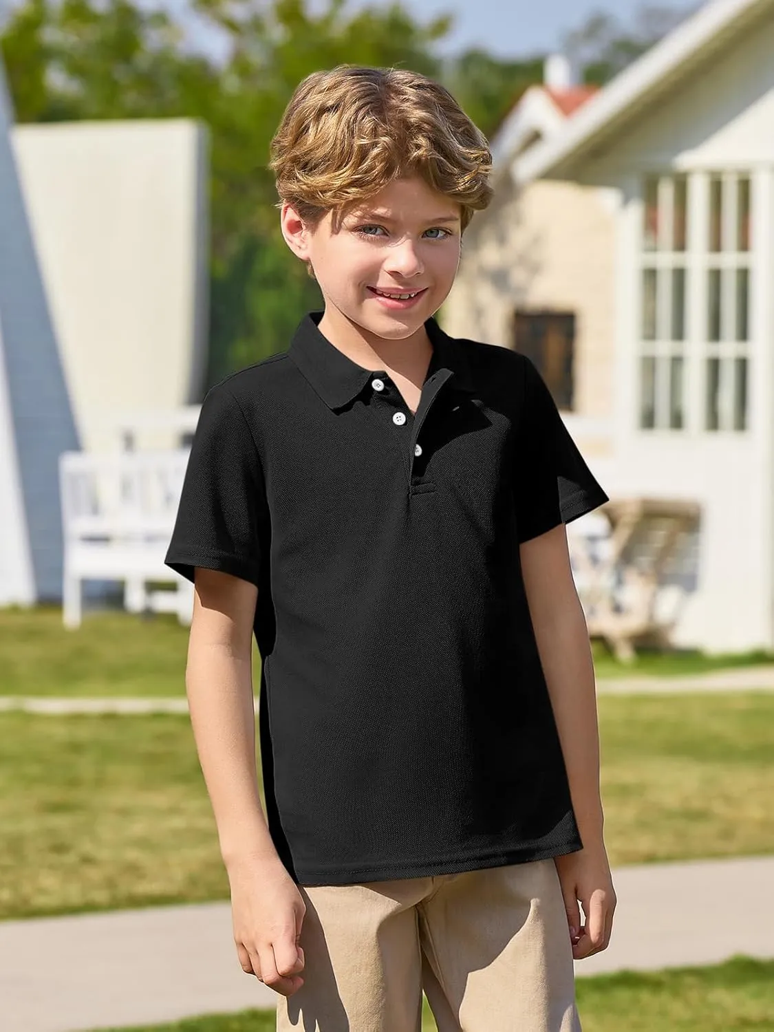Haloumoning Boys Short Sleeve Polo Shirt Kids Collared School Uniform Shirts 5-14 Years