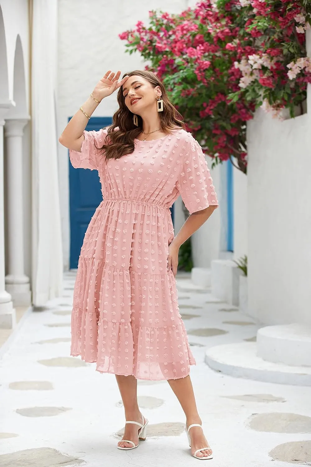 IN'VOLAND Womens Plus Size Swiss Dot Dress Chiffon Short Sleeve High Waist A Line Ruffle Tiered Babydoll Midi Dress