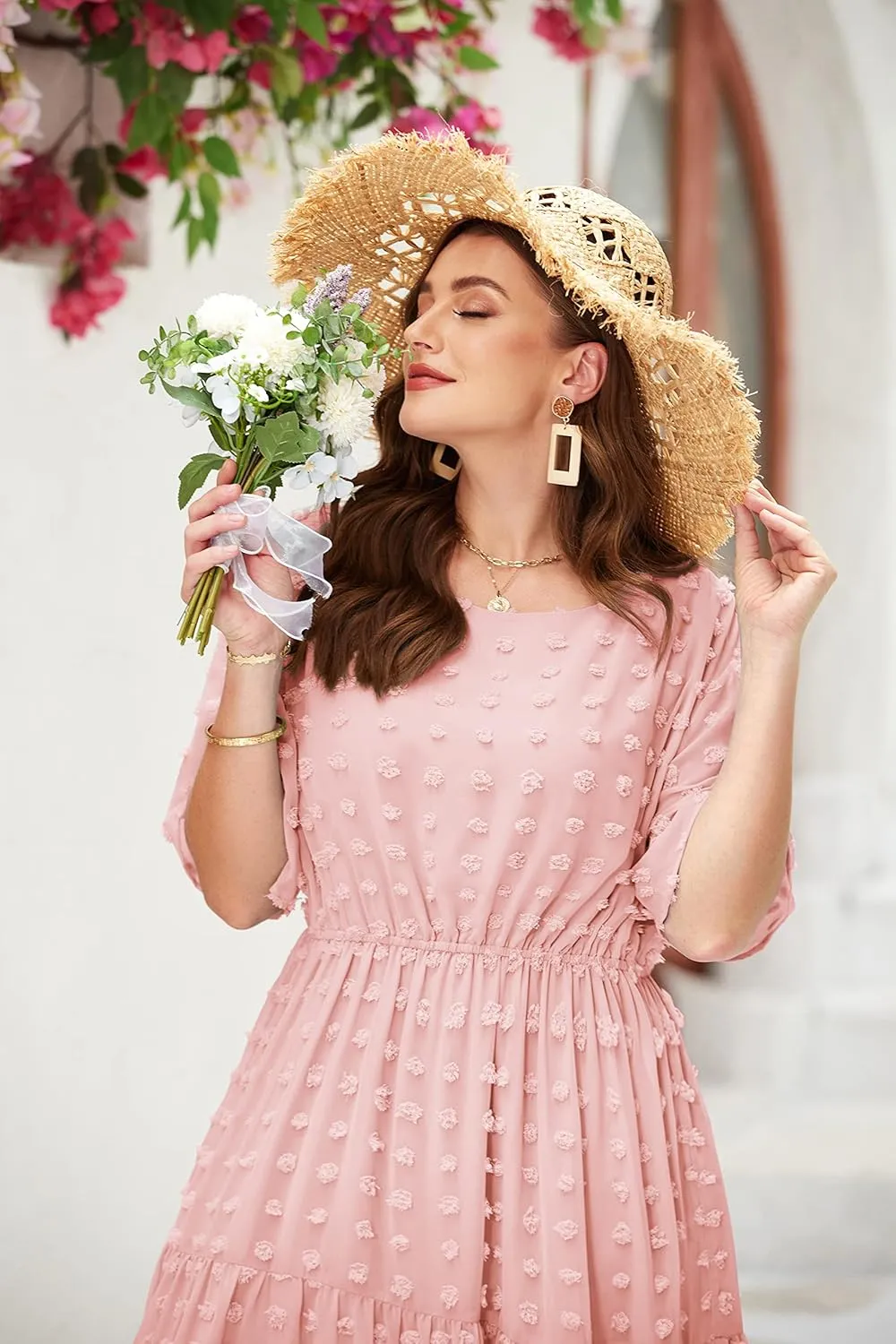 IN'VOLAND Womens Plus Size Swiss Dot Dress Chiffon Short Sleeve High Waist A Line Ruffle Tiered Babydoll Midi Dress