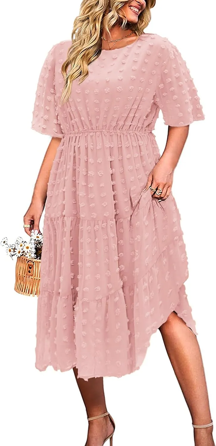 IN'VOLAND Womens Plus Size Swiss Dot Dress Chiffon Short Sleeve High Waist A Line Ruffle Tiered Babydoll Midi Dress