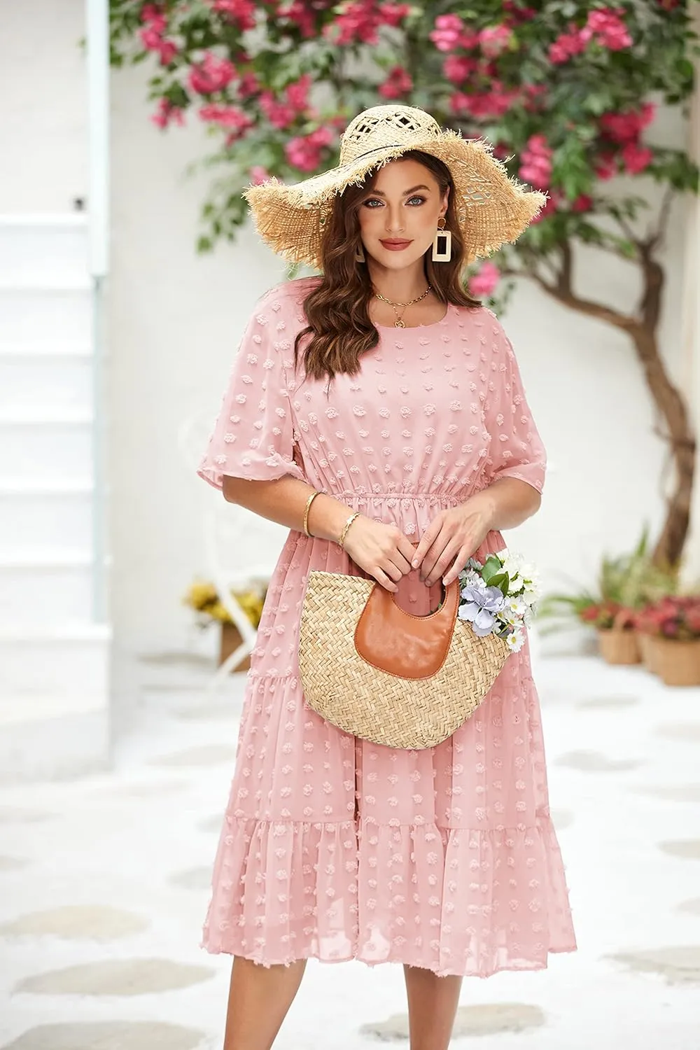 IN'VOLAND Womens Plus Size Swiss Dot Dress Chiffon Short Sleeve High Waist A Line Ruffle Tiered Babydoll Midi Dress