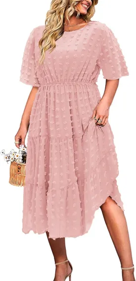 IN'VOLAND Womens Plus Size Swiss Dot Dress Chiffon Short Sleeve High Waist A Line Ruffle Tiered Babydoll Midi Dress