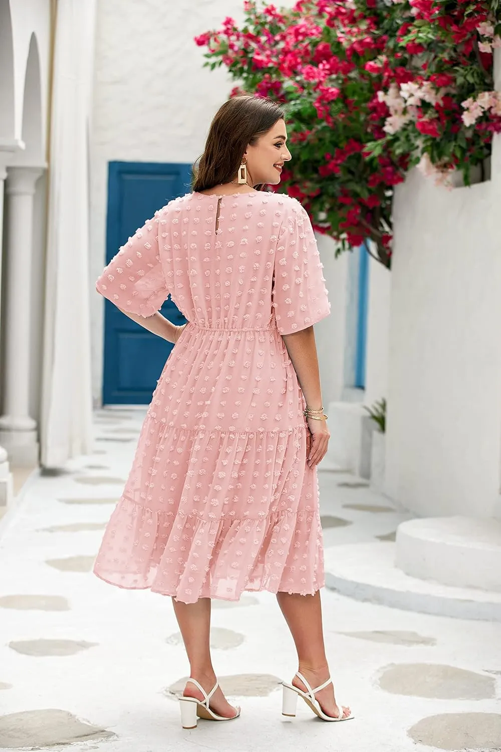 IN'VOLAND Womens Plus Size Swiss Dot Dress Chiffon Short Sleeve High Waist A Line Ruffle Tiered Babydoll Midi Dress