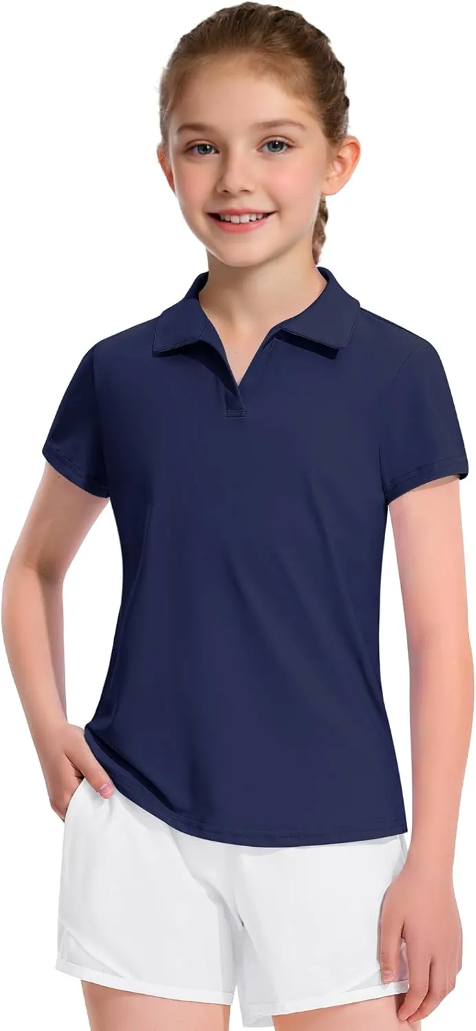 KEREDA Girls Polo Shirts Golf Tennis School Uniform Short Sleeve T Shirts V-Neck Collared Quick Dry Tops
