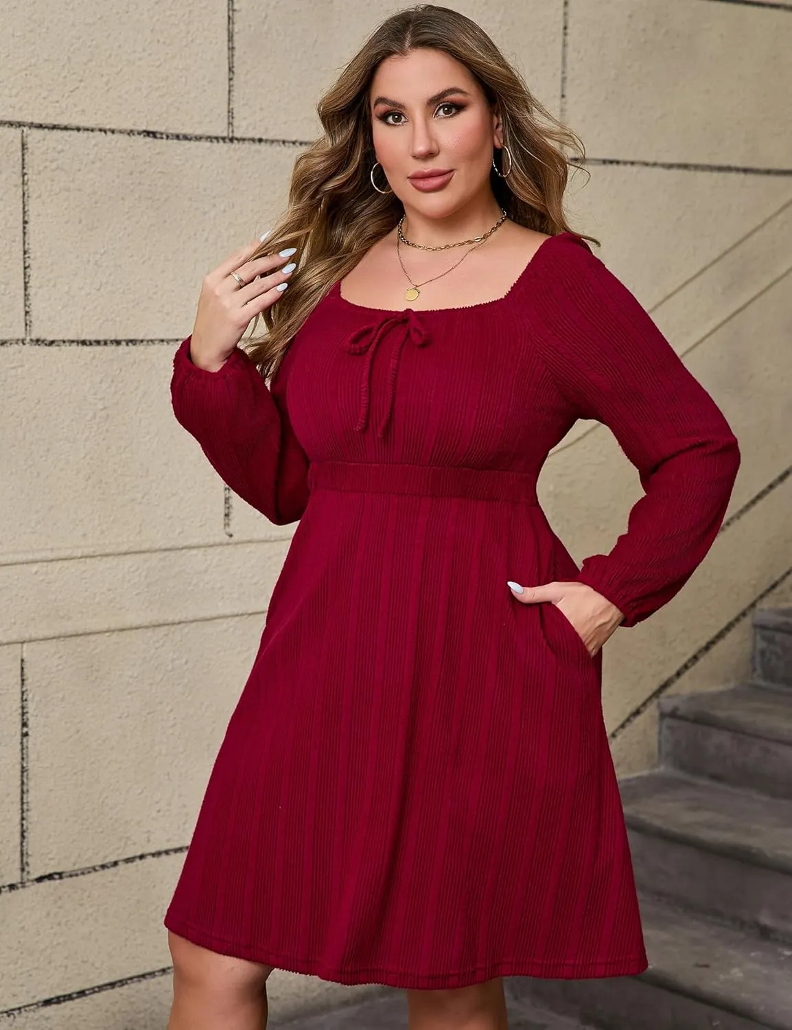 KOJOOIN Womens Plus Size Sweater Knit Dress Square Neck Long Sleeves Tie Front Casual Midi Pullover Fall Dress with Pockets