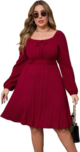 KOJOOIN Womens Plus Size Sweater Knit Dress Square Neck Long Sleeves Tie Front Casual Midi Pullover Fall Dress with Pockets