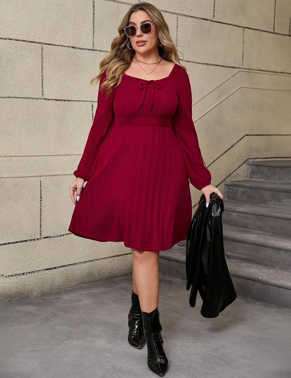 KOJOOIN Womens Plus Size Sweater Knit Dress Square Neck Long Sleeves Tie Front Casual Midi Pullover Fall Dress with Pockets