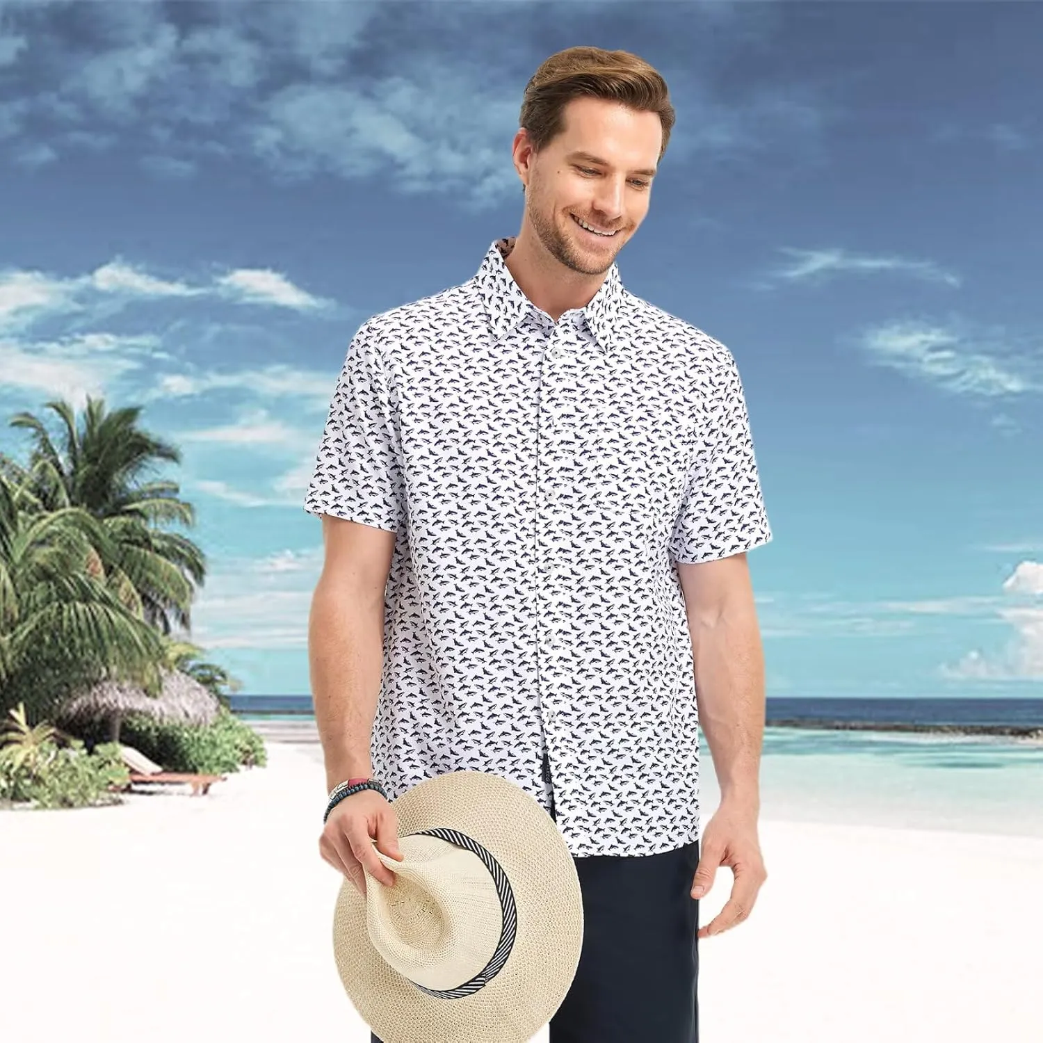 M MAELREG Mens Hawaiian Shirts Short Sleeve Button Down Tropical Beach Floral Solid Print Summer Vacation Mens Casual Shirts