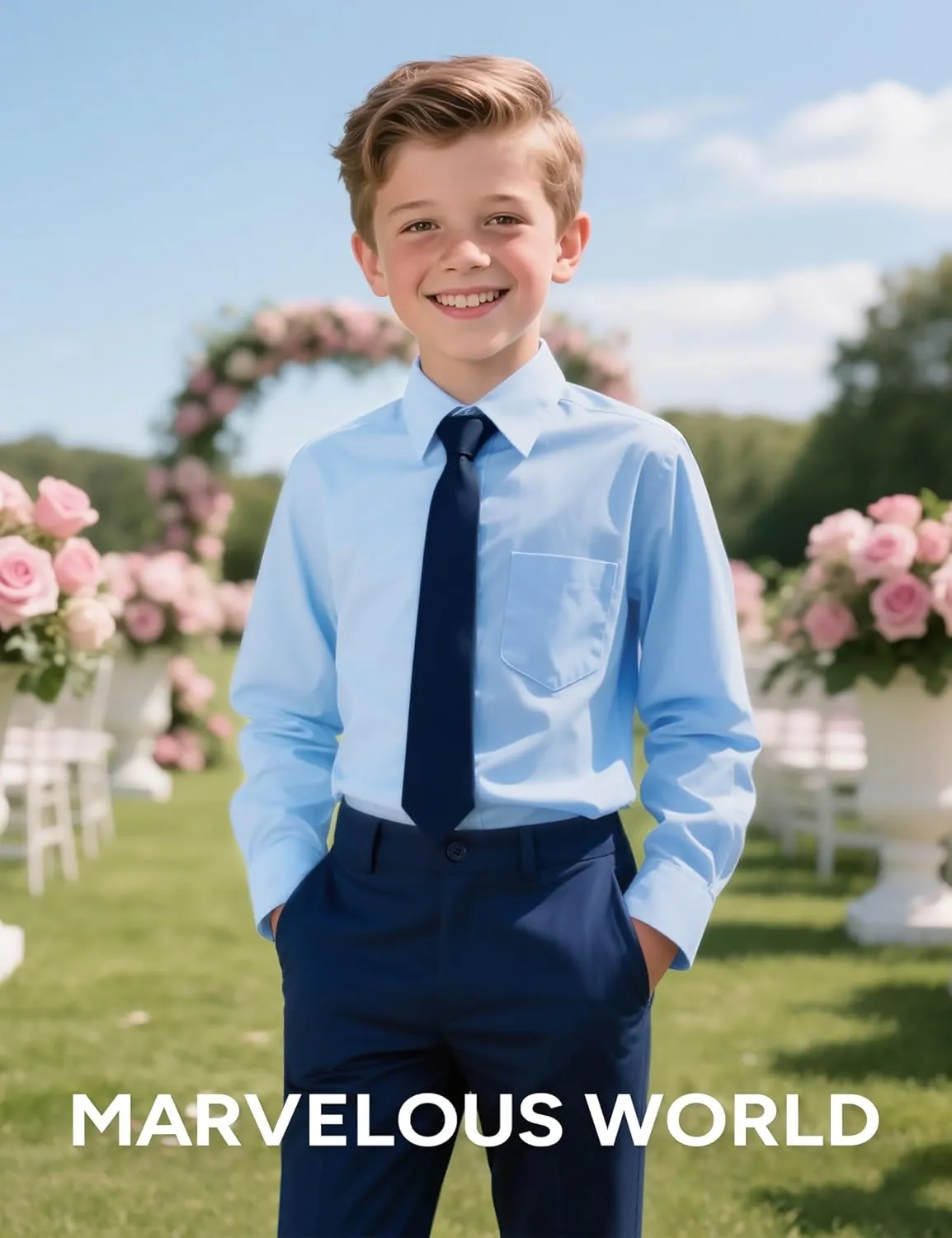 Marvelous World Boys' Long Sleeve Solid Buttoned Cuffs Dress Shirt Kids Casual Button Down Shirts with Chest Pocket