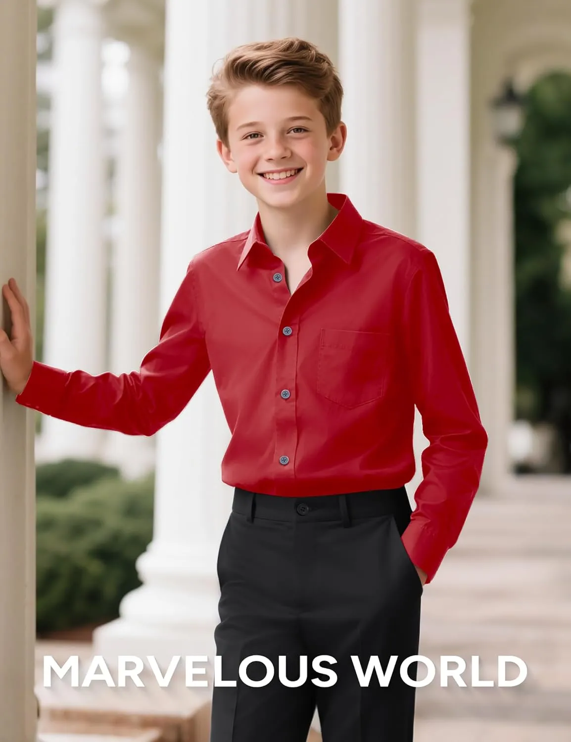 Marvelous World Boys' Long Sleeve Solid Buttoned Cuffs Dress Shirt Kids Casual Button Down Shirts with Chest Pocket