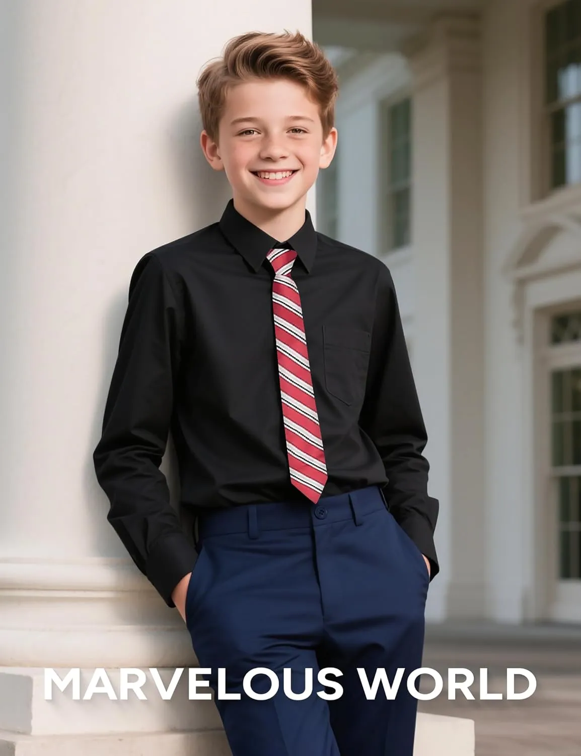 Marvelous World Boys' Long Sleeve Solid Buttoned Cuffs Dress Shirt Kids Casual Button Down Shirts with Chest Pocket