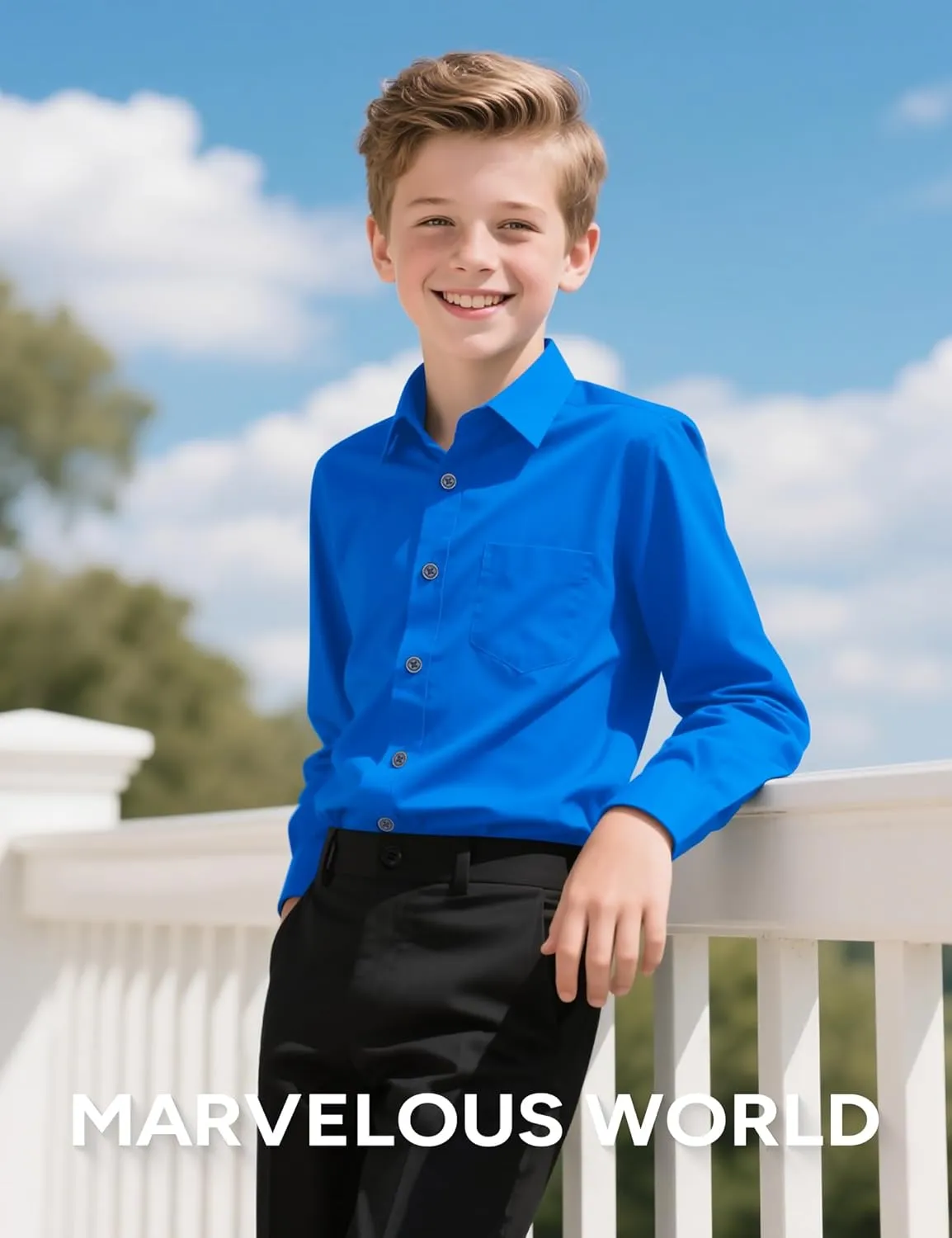 Marvelous World Boys' Long Sleeve Solid Buttoned Cuffs Dress Shirt Kids Casual Button Down Shirts with Chest Pocket