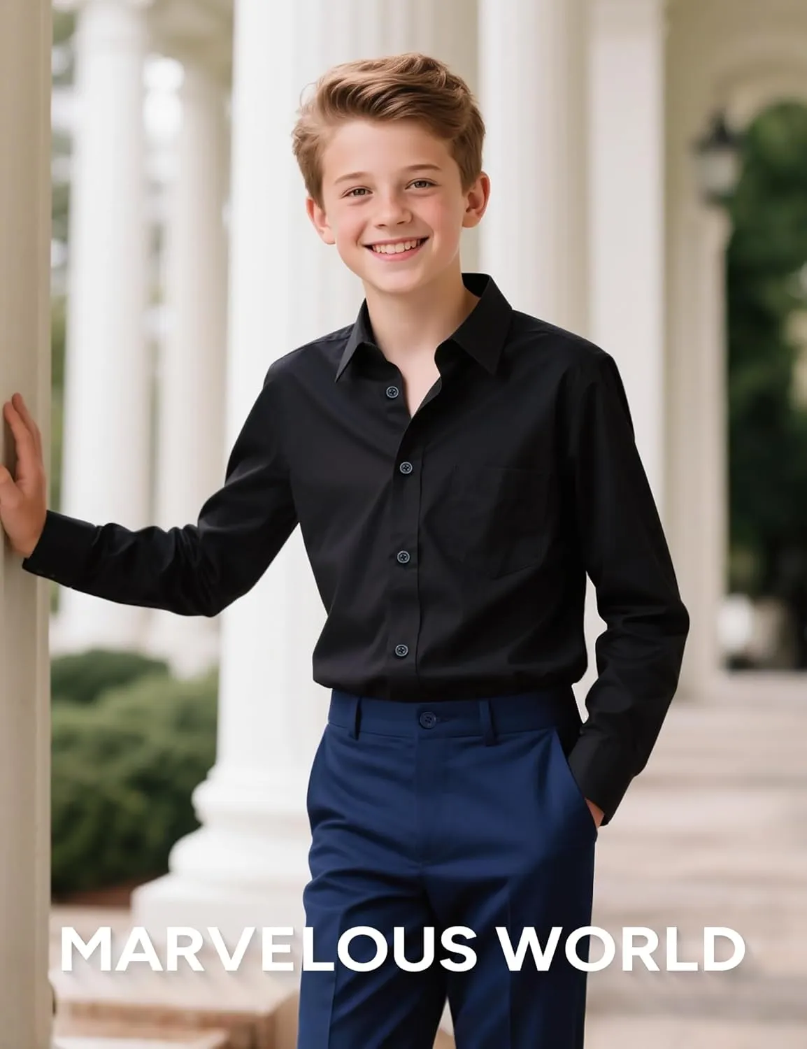 Marvelous World Boys' Long Sleeve Solid Buttoned Cuffs Dress Shirt Kids Casual Button Down Shirts with Chest Pocket