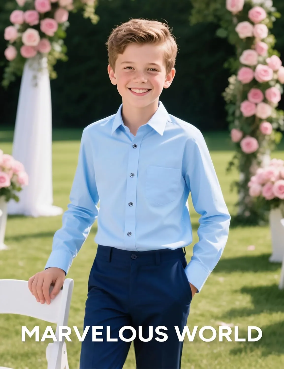 Marvelous World Boys' Long Sleeve Solid Buttoned Cuffs Dress Shirt Kids Casual Button Down Shirts with Chest Pocket