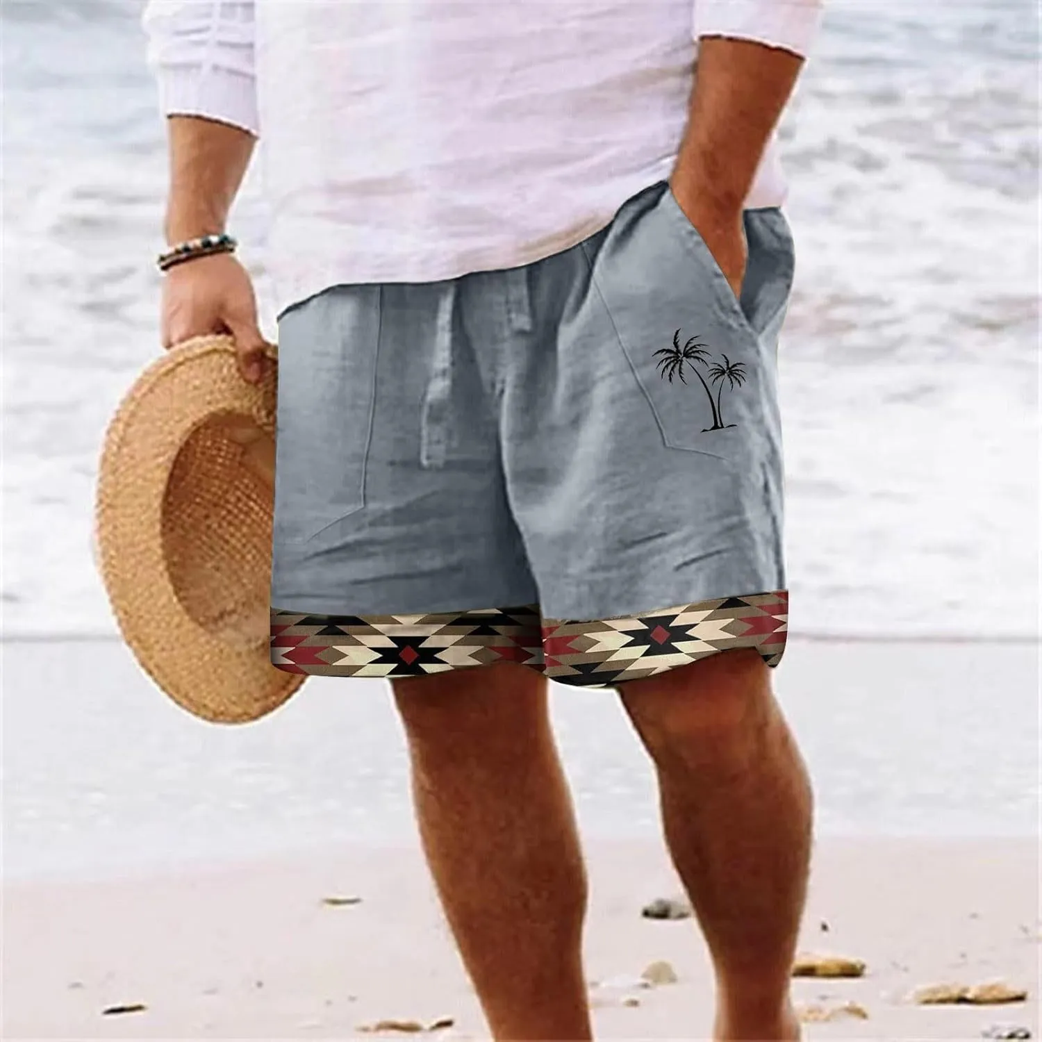 Muscularfit Men's Summer Casual Cotton Linen Shorts with Drawstring Elastic Waist, Beach Shorts with Pockets, Outdoor Fashion