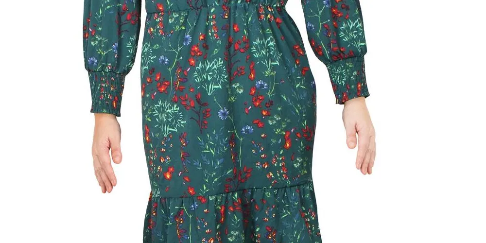 NY Collection Women's Plus Size Printed Smocked-Slee Botanical North Garden Size 2X