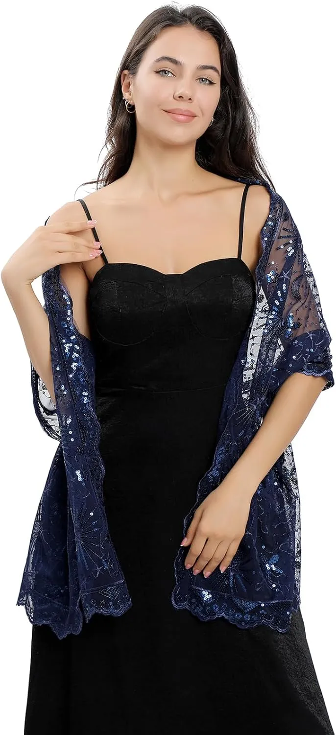 OurLore Women's Glittering 1920s Shawl Scarf Mesh Sequin Wedding Bridal Cape Fringed Evening Wraps Shawls
