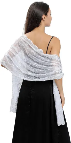 OurLore Women's Glittering 1920s Shawl Scarf Mesh Sequin Wedding Bridal Cape Fringed Evening Wraps Shawls