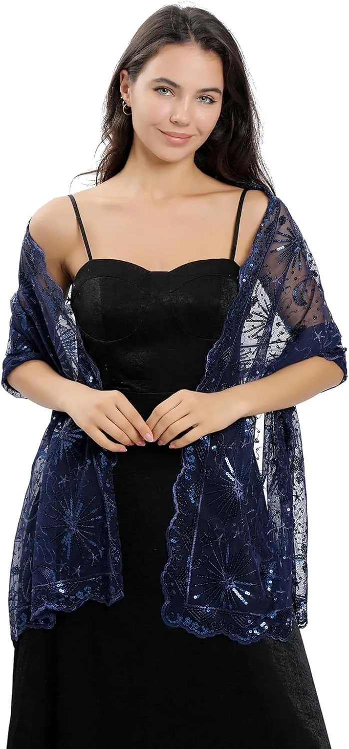 OurLore Women's Glittering 1920s Shawl Scarf Mesh Sequin Wedding Bridal Cape Fringed Evening Wraps Shawls