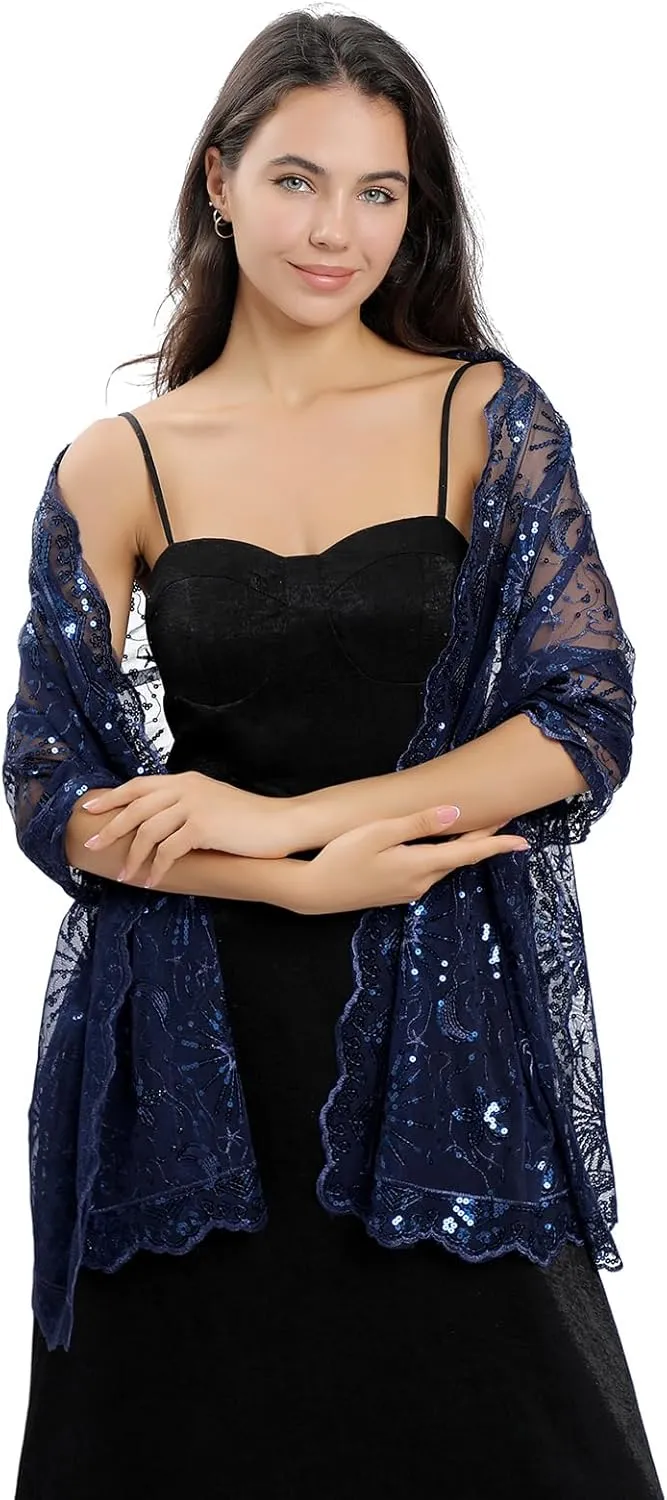 OurLore Women's Glittering 1920s Shawl Scarf Mesh Sequin Wedding Bridal Cape Fringed Evening Wraps Shawls