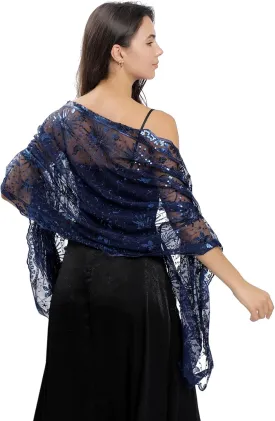 OurLore Women's Glittering 1920s Shawl Scarf Mesh Sequin Wedding Bridal Cape Fringed Evening Wraps Shawls