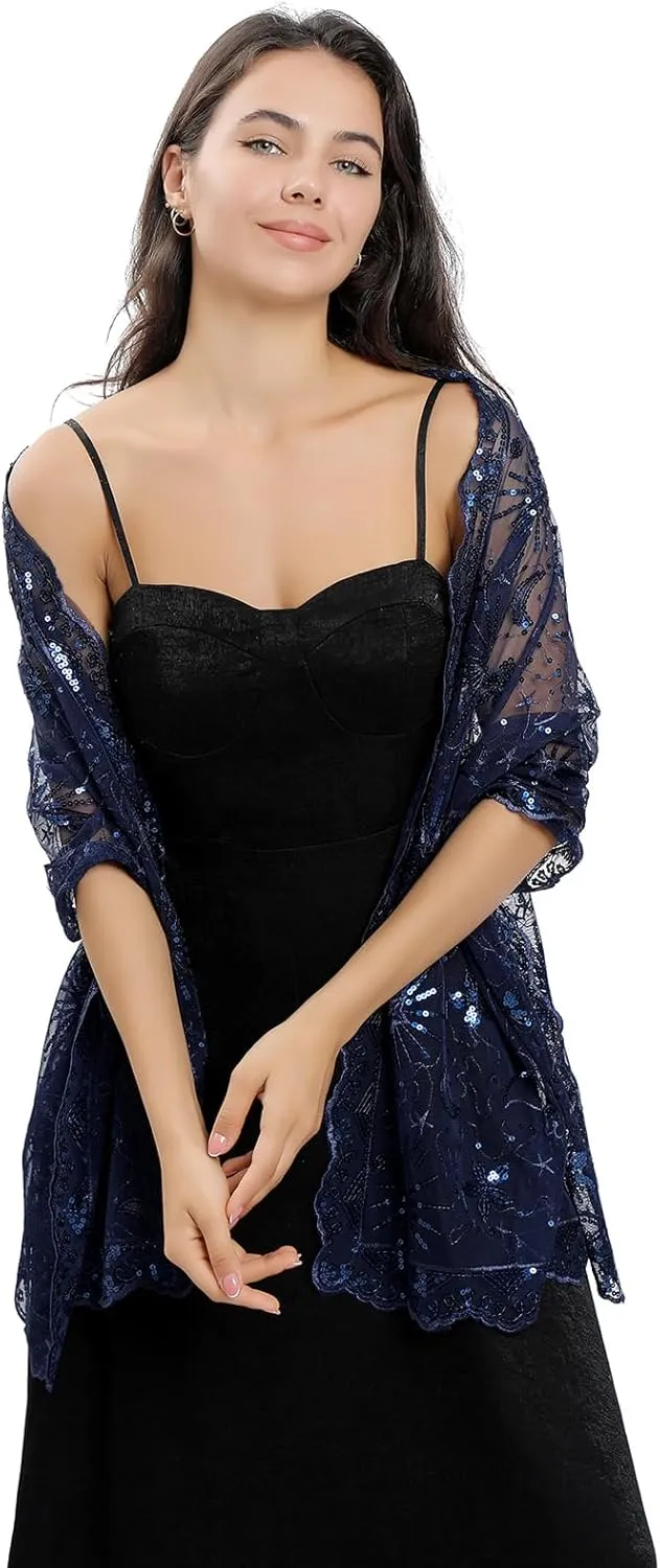 OurLore Women's Glittering 1920s Shawl Scarf Mesh Sequin Wedding Bridal Cape Fringed Evening Wraps Shawls