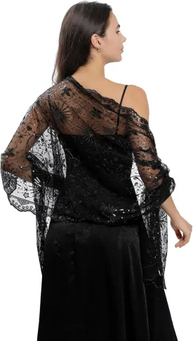 OurLore Women's Glittering 1920s Shawl Scarf Mesh Sequin Wedding Bridal Cape Fringed Evening Wraps Shawls