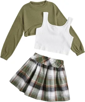OYOANGLE Girl's 3 Piece Outfit Tank Top and Plaid Pleated Skirt with High Low Hem Crop Shirt Set