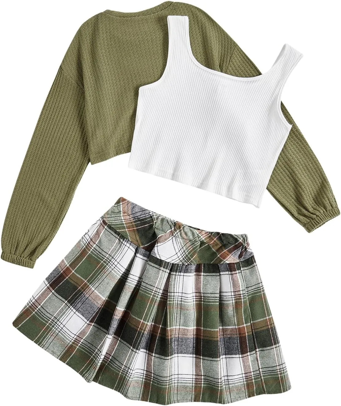OYOANGLE Girl's 3 Piece Outfit Tank Top and Plaid Pleated Skirt with High Low Hem Crop Shirt Set