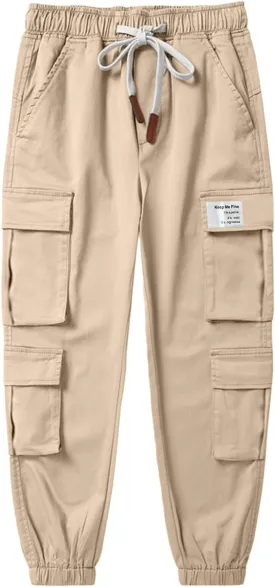 SHOOYING Boy's Cargo Pants Cotton Casual Elastic Joggers Trousers, 6-14 Years