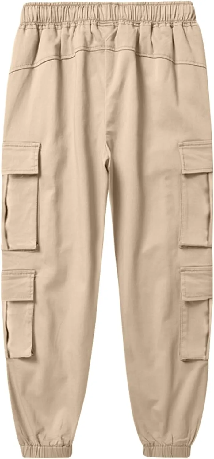SHOOYING Boy's Cargo Pants Cotton Casual Elastic Joggers Trousers, 6-14 Years