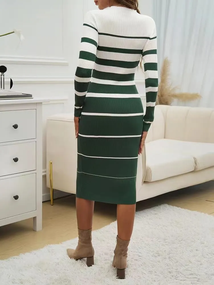 Sumleno 2025 Women's Fashion Striped Dress Long Sleeve Crew Neck Bodycon Midi Ribbed Knit Slim Fit Sweater Dress