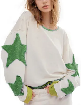 Women Cotton Oversized Shirts Lightweight Long Sleeve Crewneck Star Pullover Sweatshirt Hoodies 2025 Spring Clothes