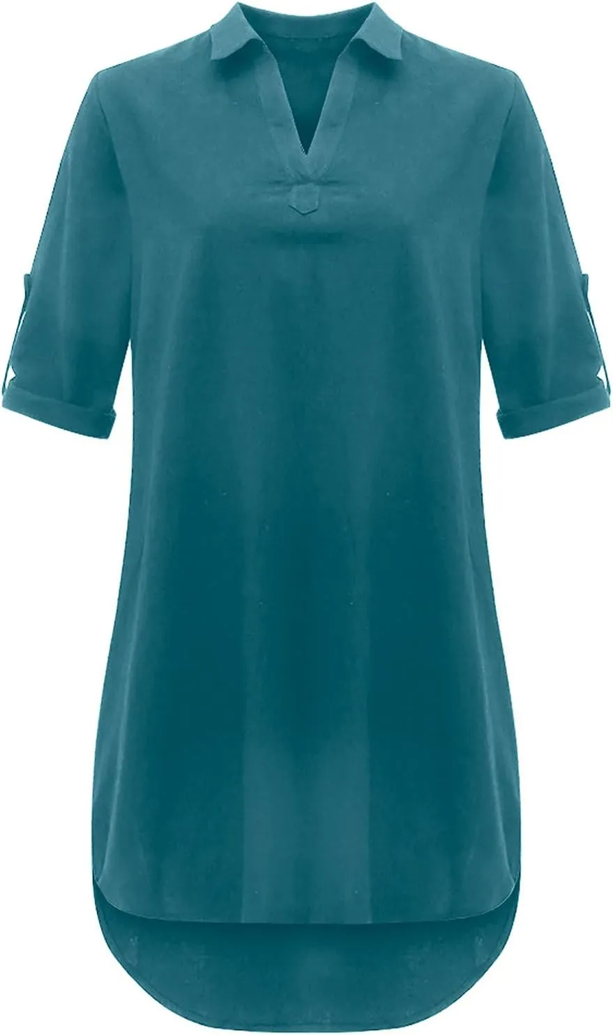 Women Shirt Dress Plus Size Rolled Sleeve Buttons V Neck T-Shirt Dresses Turn Down Collar Cotton Linen Short Dress